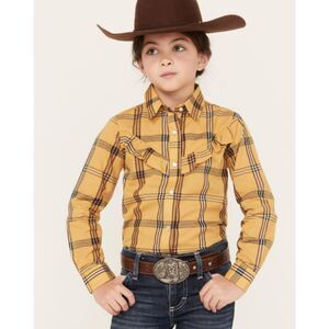 NEW Wrangler Yellow Plaid Print Long Sleeve Pearl Snap Western Shirt Girls XS